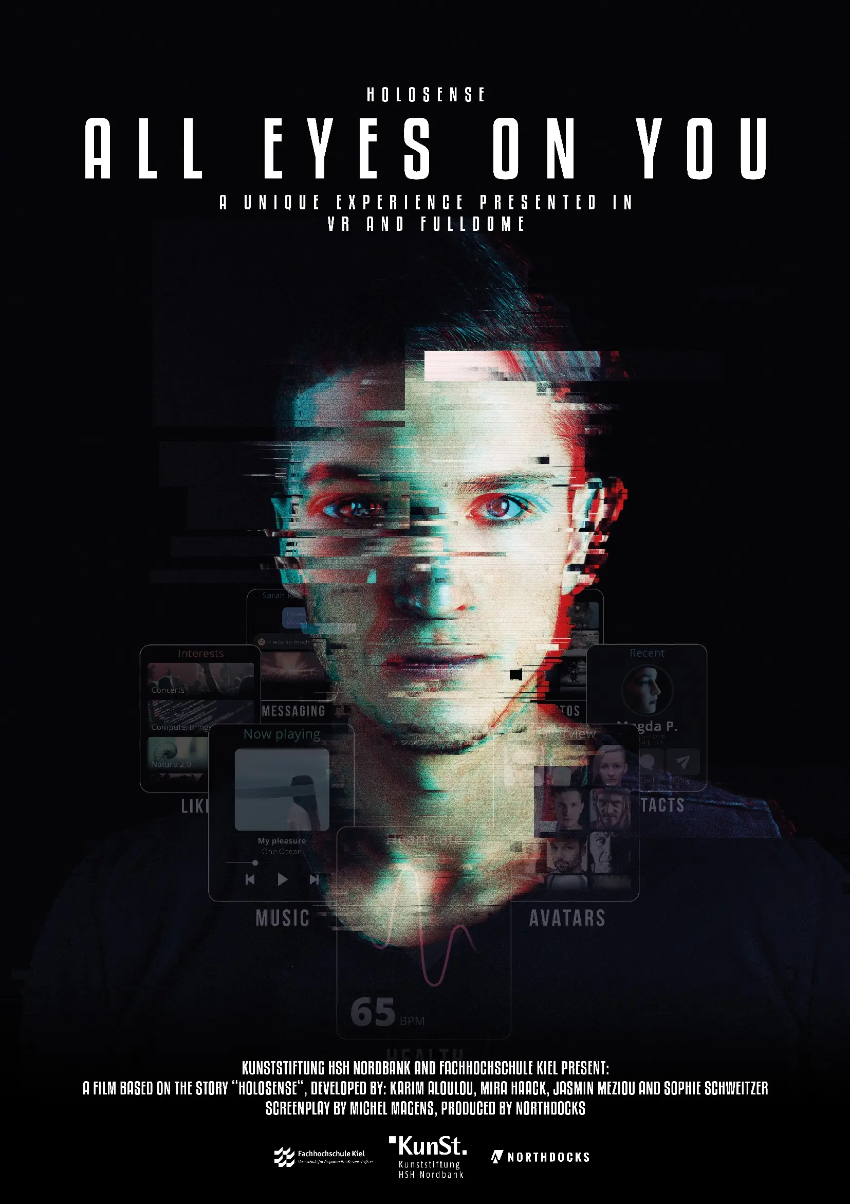 HoloSense – All Eyes on You Filmplakat HoloSense – All Eyes on You Filmplakat mit digital verfremdetem Gesicht und holografischen Benutzeroberflächen